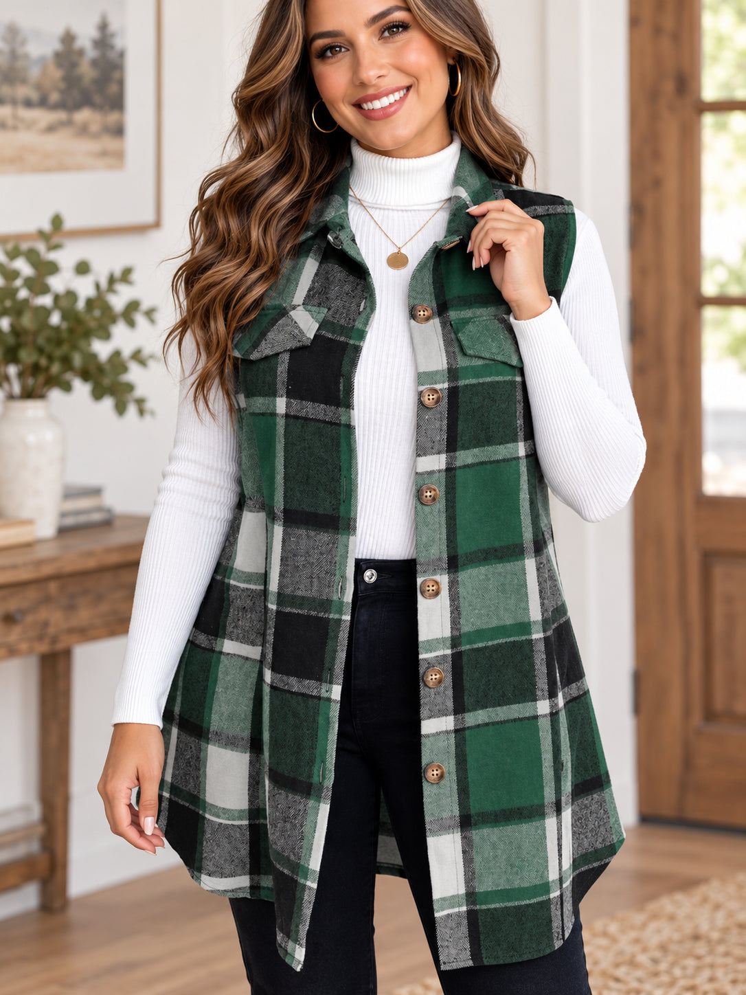 Women’s Plaid Longline Button-Front Vest