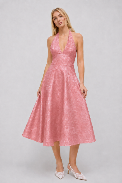 Floral Jacquard Halter Maxi Dress – Lace-Up Wedding Guest Dress