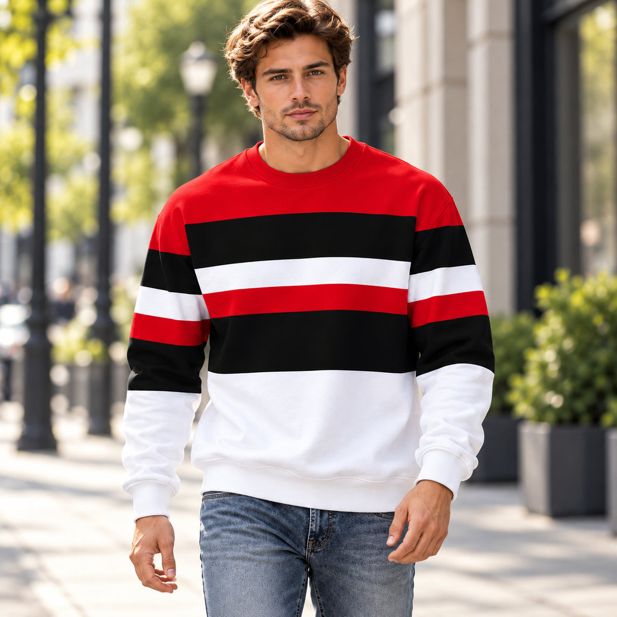 Men's Classic Colorblock Striped Relaxed Fit Sweatshirt