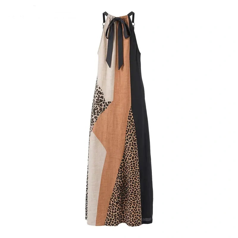 Women's Boho Patchwork Halter Neck Maxi Dress with Split Hem