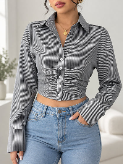 Women’s Ruched Waist Striped Cropped Button-Down Shirt