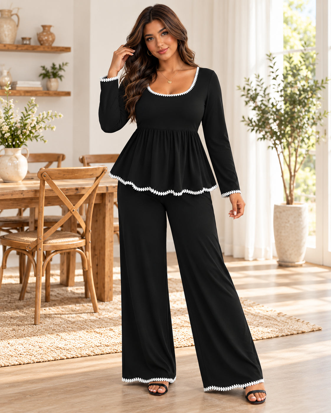 Plus-Size Elegant Ruffle Two-Piece Set with Wide-Leg Pants