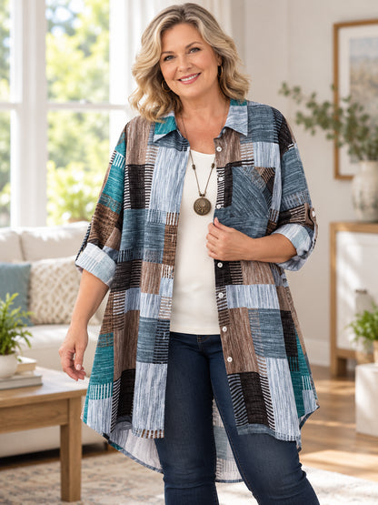 Plus Size Geometric High-Low Button-Up Shirt