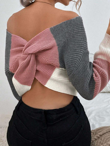 Women's Color Block Off-Shoulder Bow Back Knit Sweater