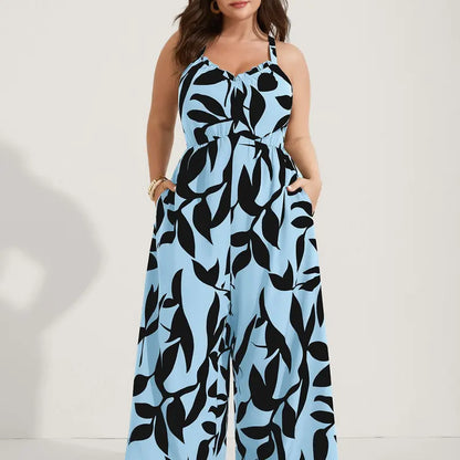 Plus Size Boho Wide-Leg Jumpsuit with Pockets