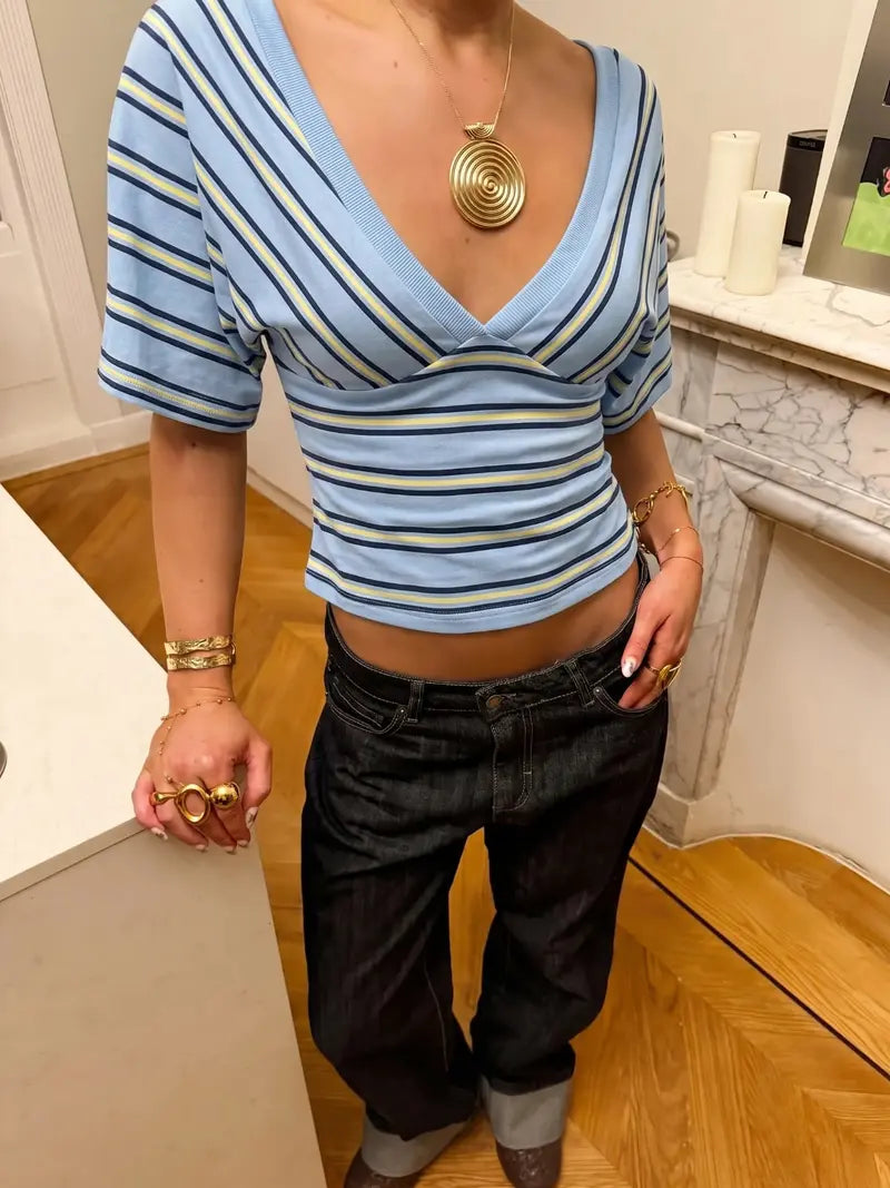 Women’s Striped Deep V-Neck Wrap Crop Top