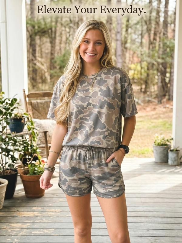 🔥Women's Camo 2-Piece T-Shirt & High Waist Shorts Set Summer Loungewear