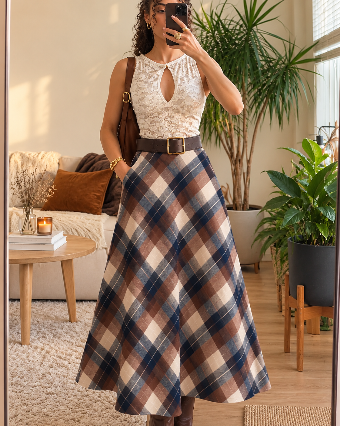 Women's Vintage Wool-Blend Plaid A-Line Skirt