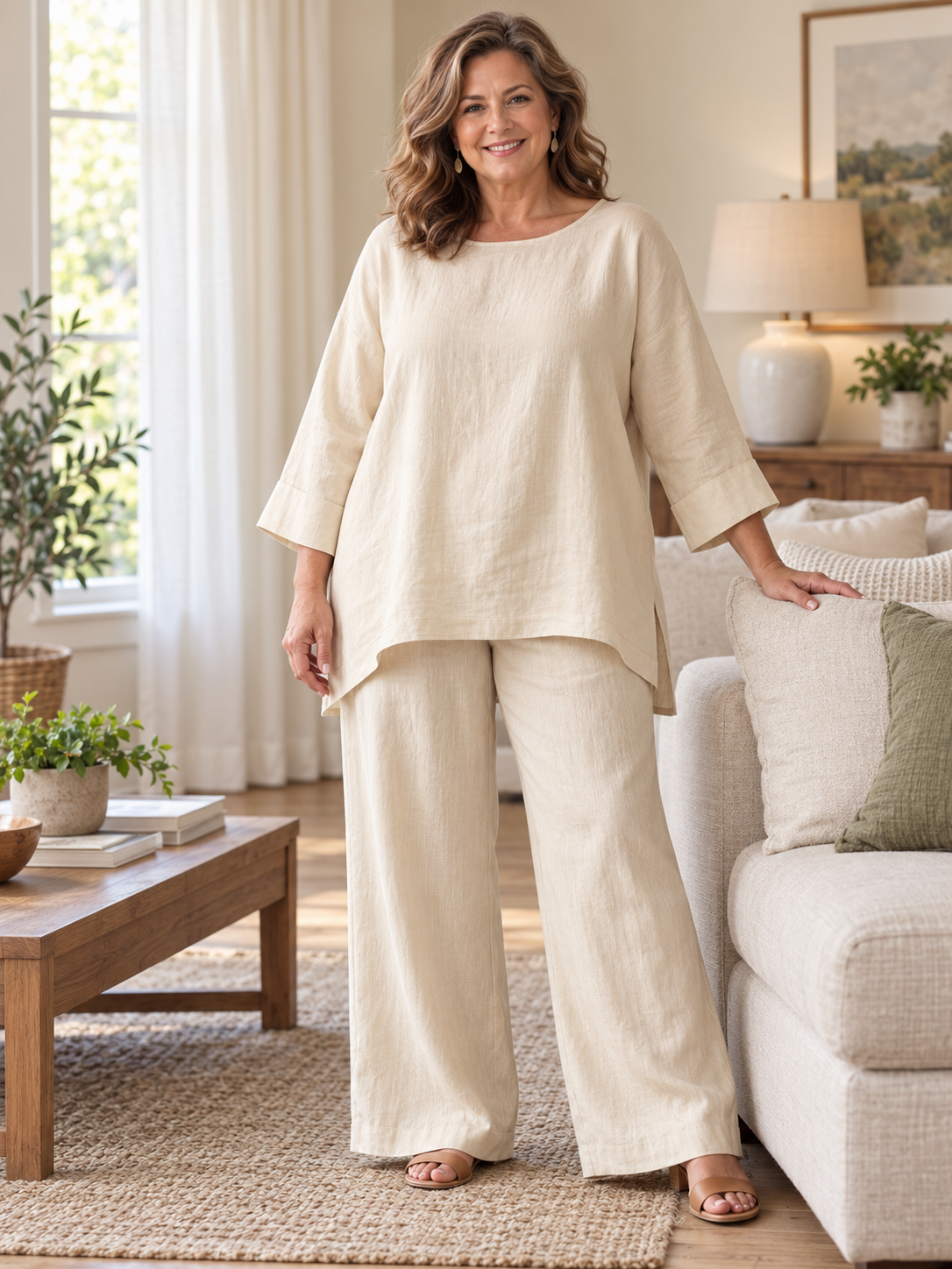 Women's Elegant Linen-Look Two Piece Vacation Lounge Set