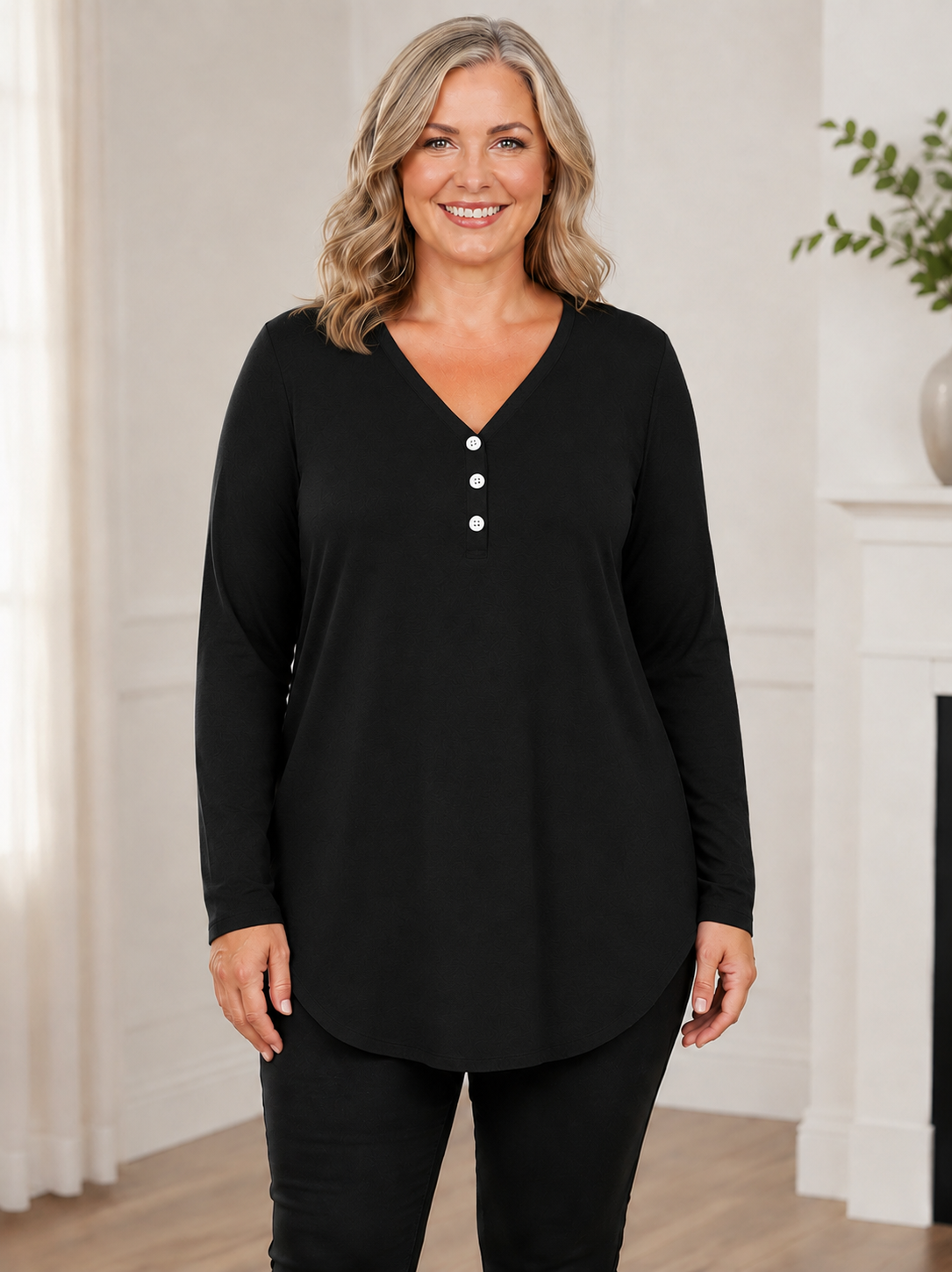 Plus Size V-Neck Henley Long Sleeve Tunic Top