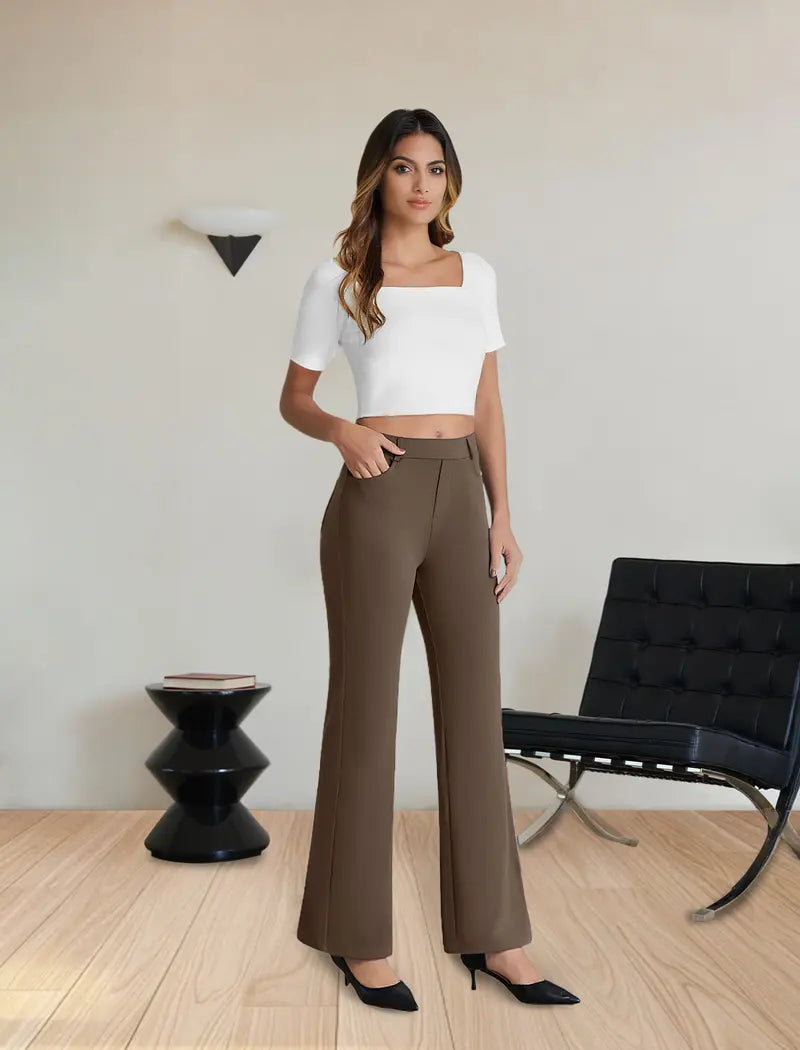 Women’s High-Waisted Stretch  Flare Work Pants with Pockets