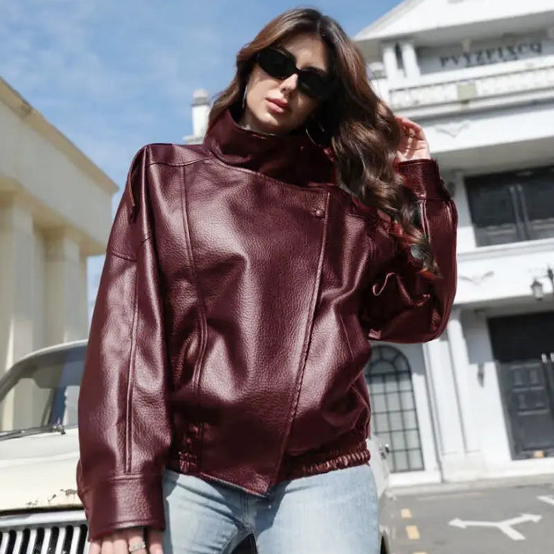 Women’s Oversized Stand Collar Faux Leather Jacket