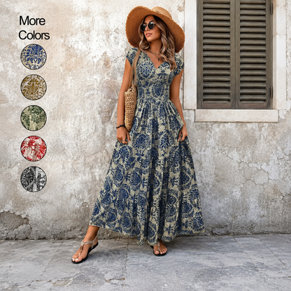 💃Women’s Boho Shirred V-Neck Flowy Vacation Maxi Dress