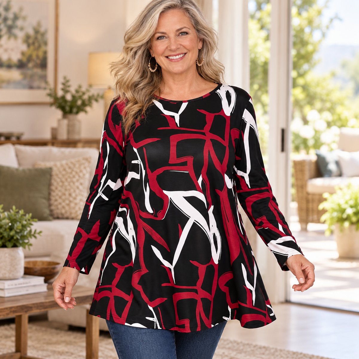 Plus Size Abstract Print Long-Sleeve Tunic Top