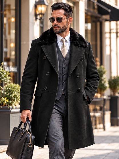 Men's Double-Breasted Faux Fur Collar Coat