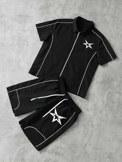 Men's 2 Pieces Outfits Casual Stars Pattern Shirt and Shorts Set Quarter-Zip Athletic