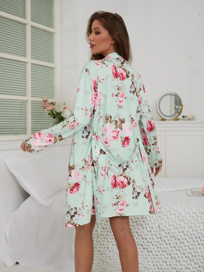 Women's Floral Robe & Cami Nightdress 2-Piece Sleepwear Set