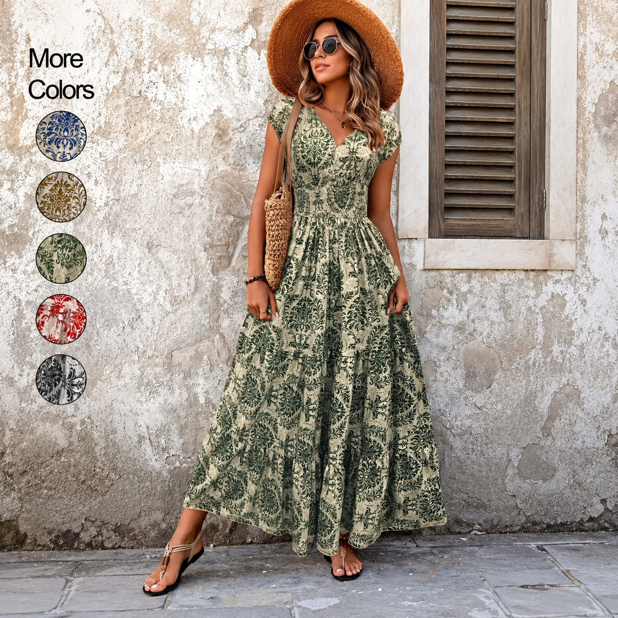 💃Women’s Boho Shirred V-Neck Flowy Vacation Maxi Dress