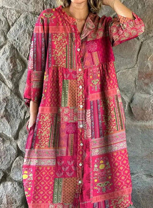 ✨Women’s Loose Boho  Dress – Printed Button Down Vacation Shirt Dress