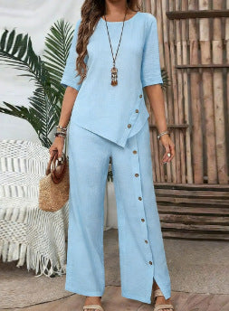 ✨Elegant Asymmetric Top & Wide-Leg Trouser Set