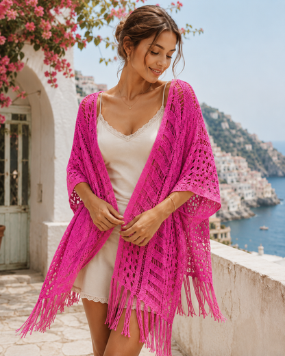 👙Boho Crochet Fringe Cardigan – Lightweight Beach Cover-Up