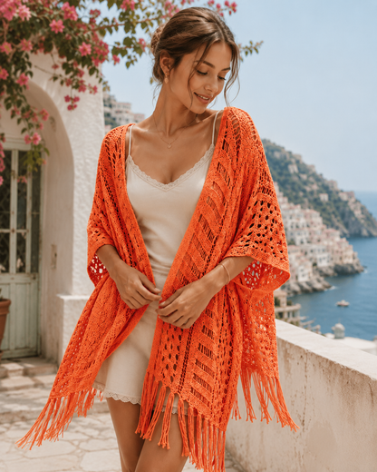 👙Boho Crochet Fringe Cardigan – Lightweight Beach Cover-Up