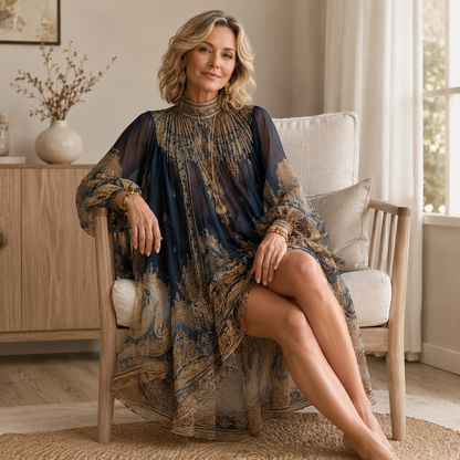 ✨ Boho Sheer Gold-Embroidered Tunic Dress