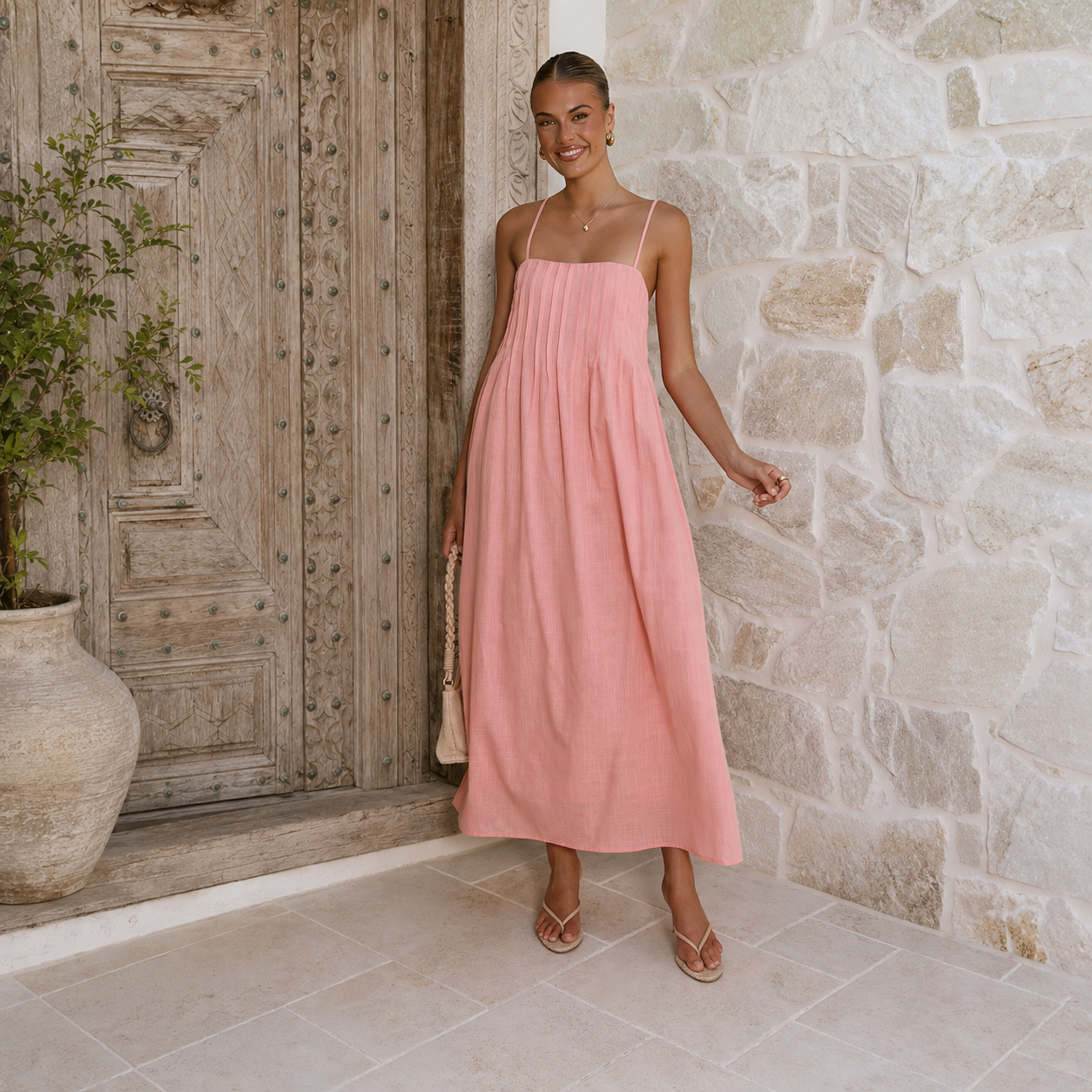 ✨Pleated Smocked-Back Spaghetti Strap Flowy Maxi Dress