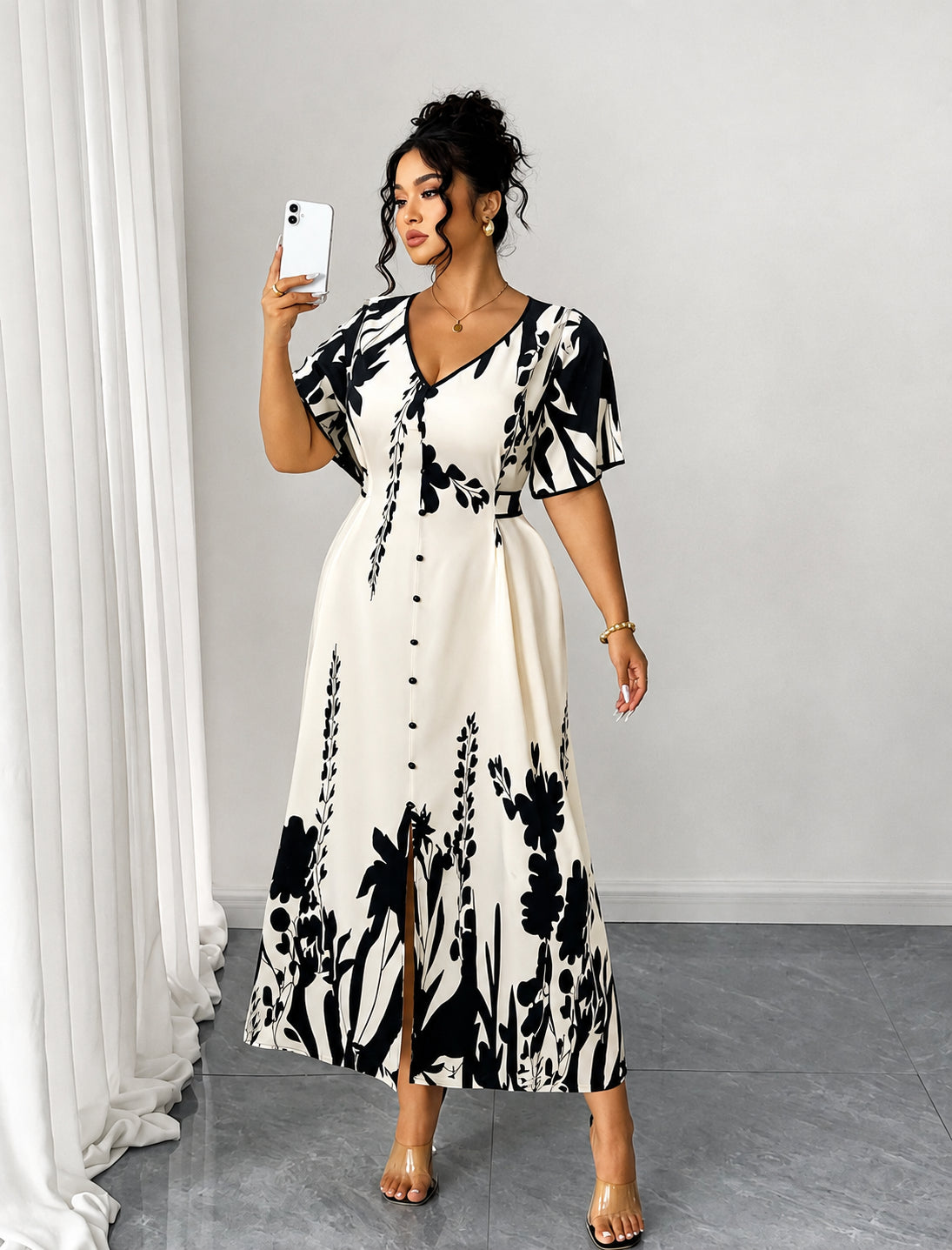 Plus Size Elegant Contrast Print Maxi Dress