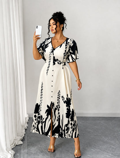 Plus Size Elegant Contrast Print Maxi Dress