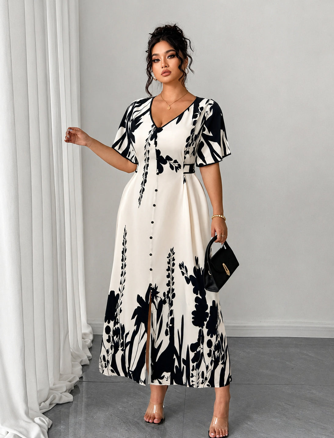 Plus Size Elegant Contrast Print Maxi Dress