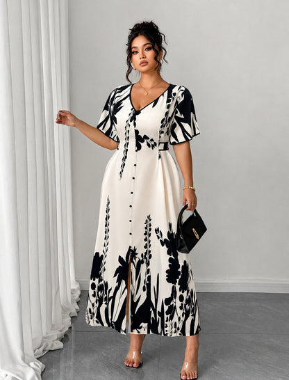 Plus Size Elegant Contrast Print Maxi Dress