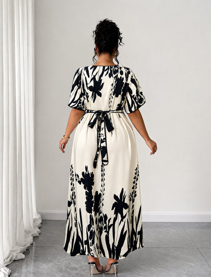 Plus Size Elegant Contrast Print Maxi Dress