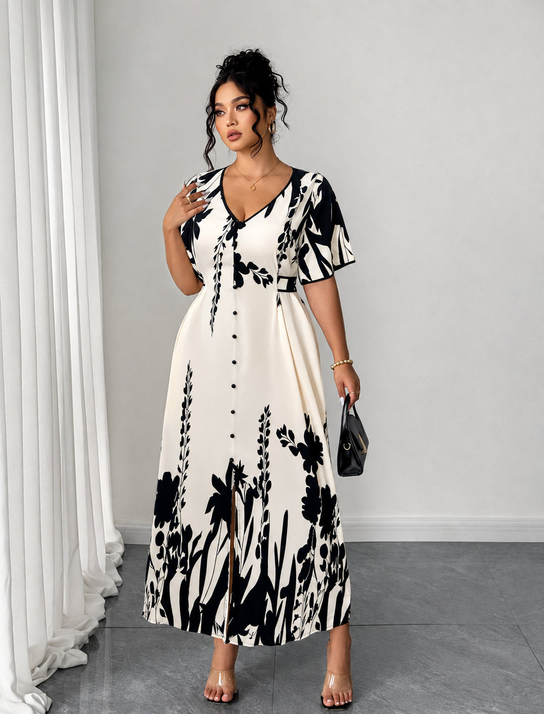 Plus Size Elegant Contrast Print Maxi Dress