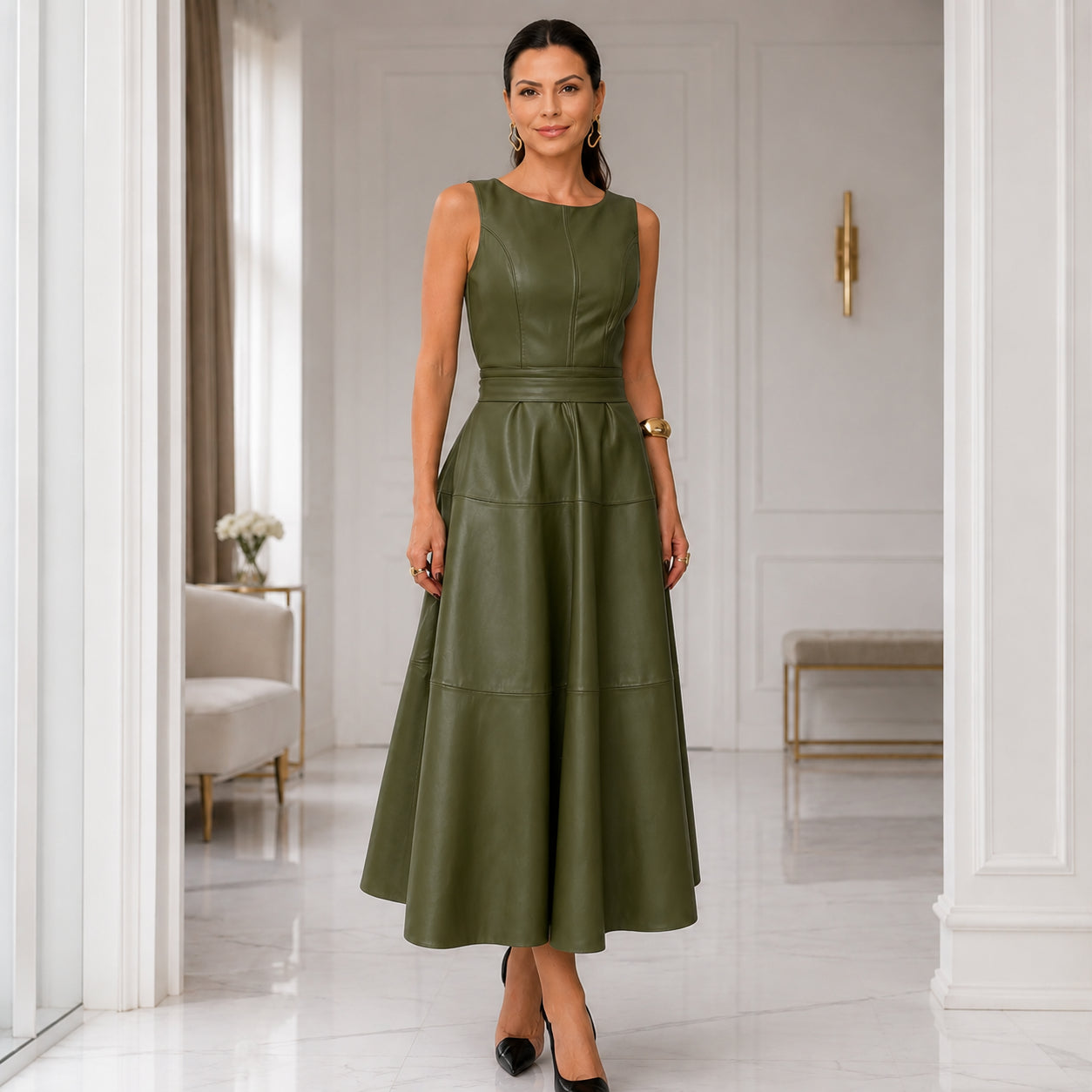 Elegant Leather A-Line Midi Dress
