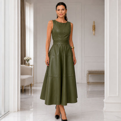 Elegant Leather A-Line Midi Dress