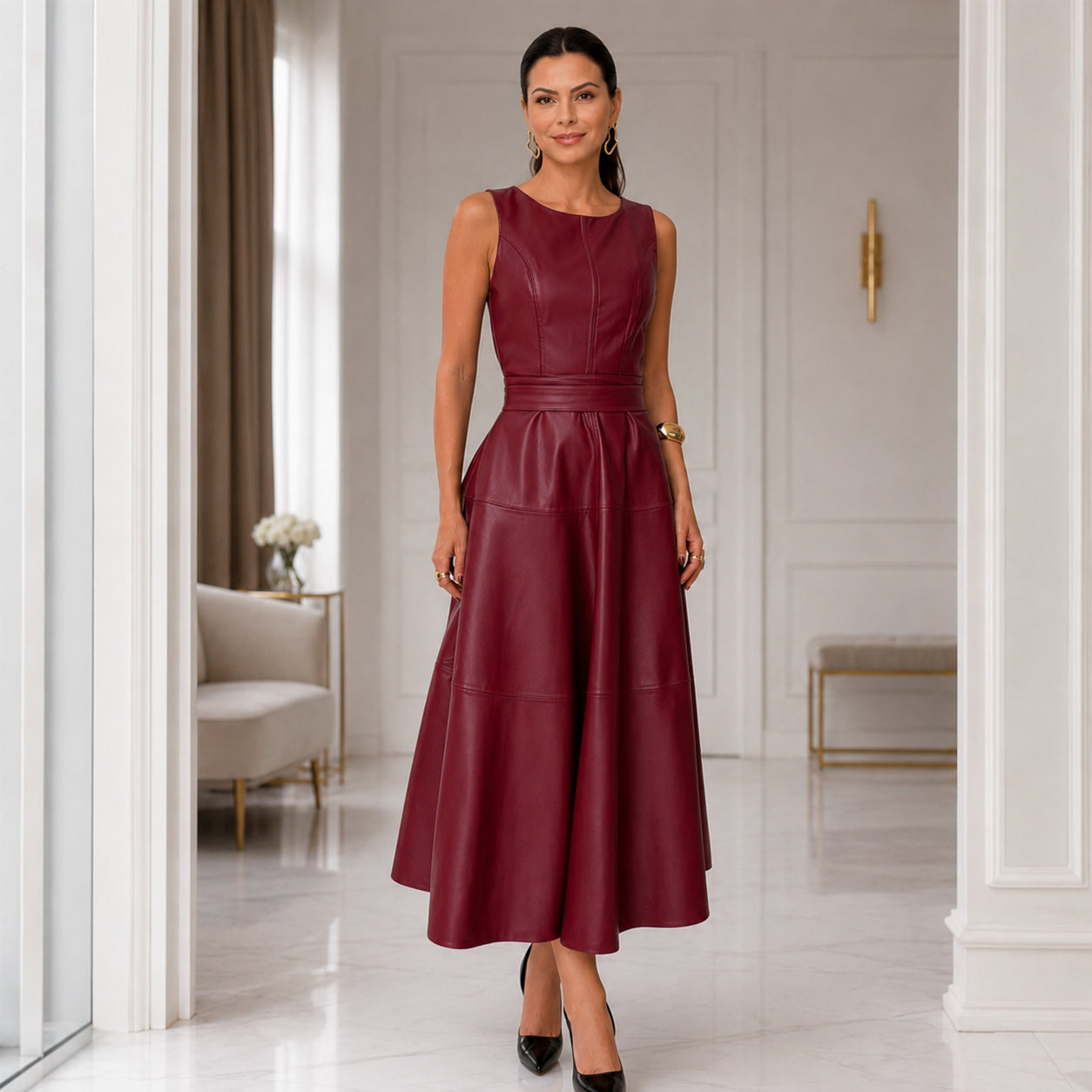 Elegant Leather A-Line Midi Dress