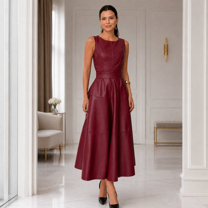 Elegant Leather A-Line Midi Dress