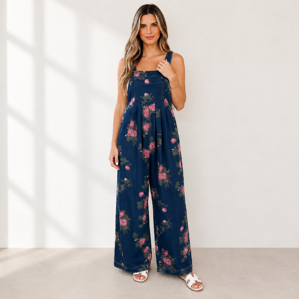 Floral Wide-Leg Denim Jumpsuit