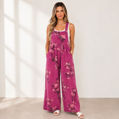 Floral Wide-Leg Denim Jumpsuit