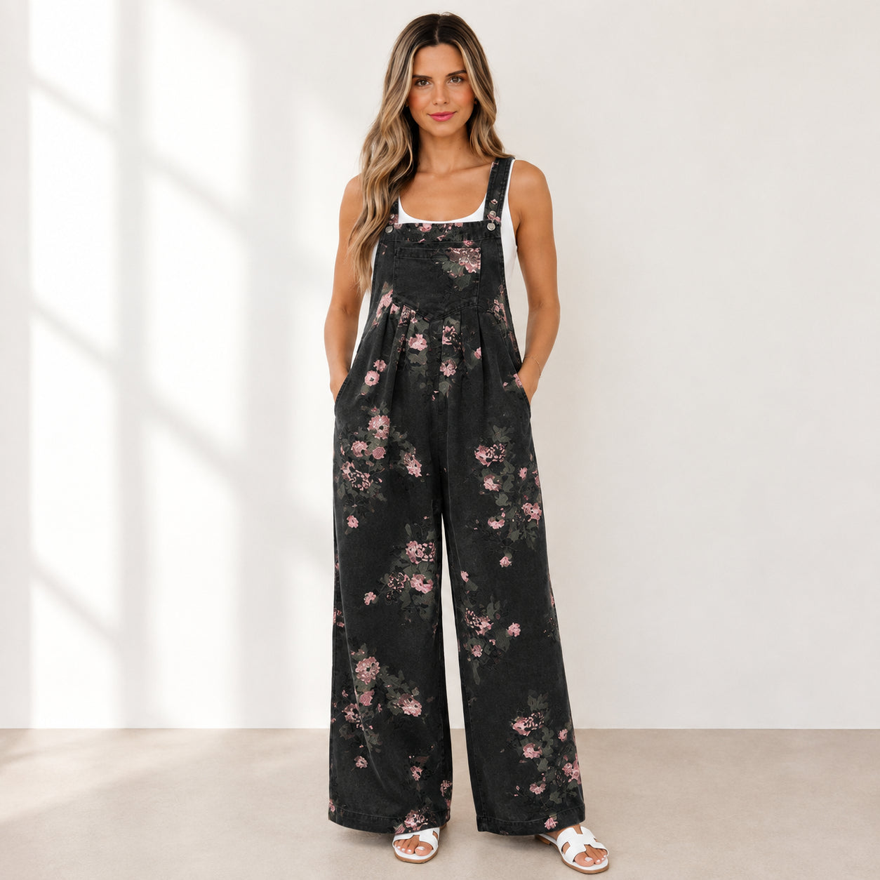 Floral Wide-Leg Denim Jumpsuit