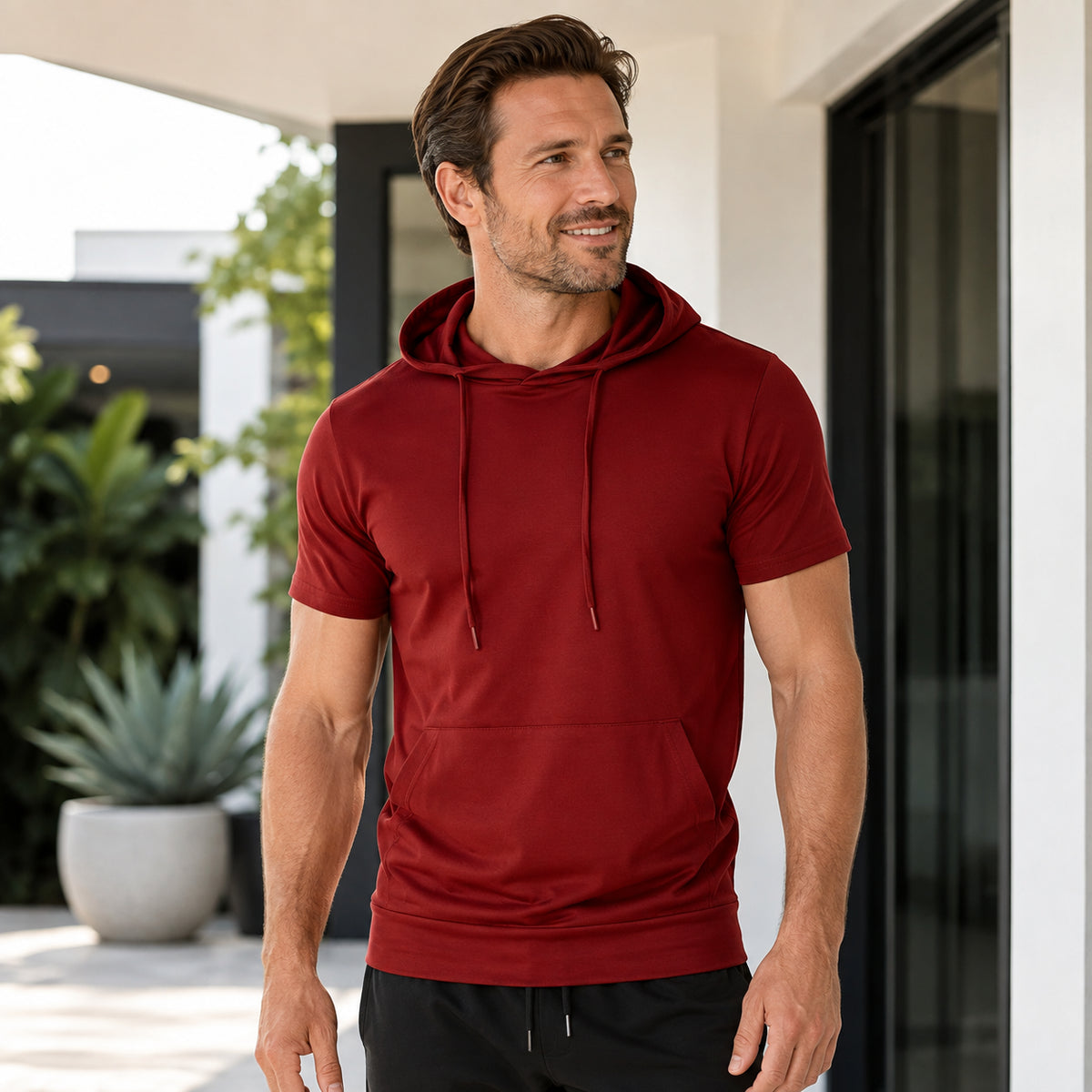 Men's Plus Size Drawstring Hooded Short-Sleeve Top