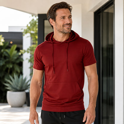 Men's Plus Size Drawstring Hooded Short-Sleeve Top