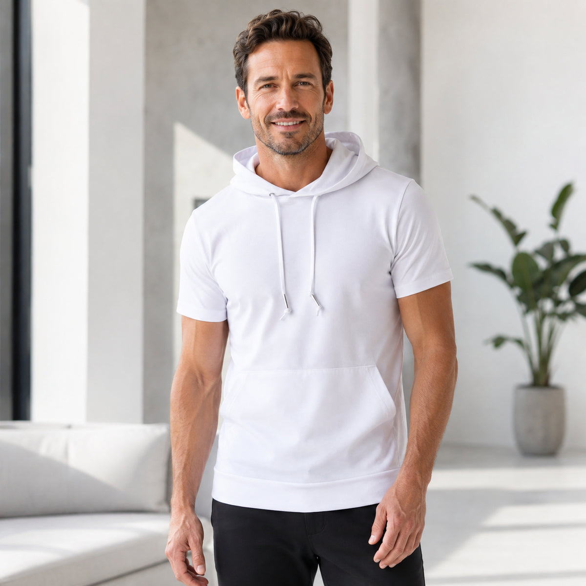 Men's Plus Size Drawstring Hooded Short-Sleeve Top