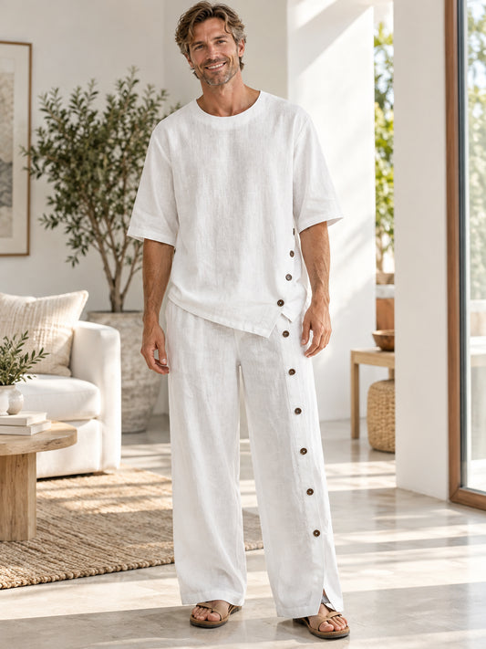 Men’s Asymmetrical Button Linen Short-Sleeve & Wide-Leg Set