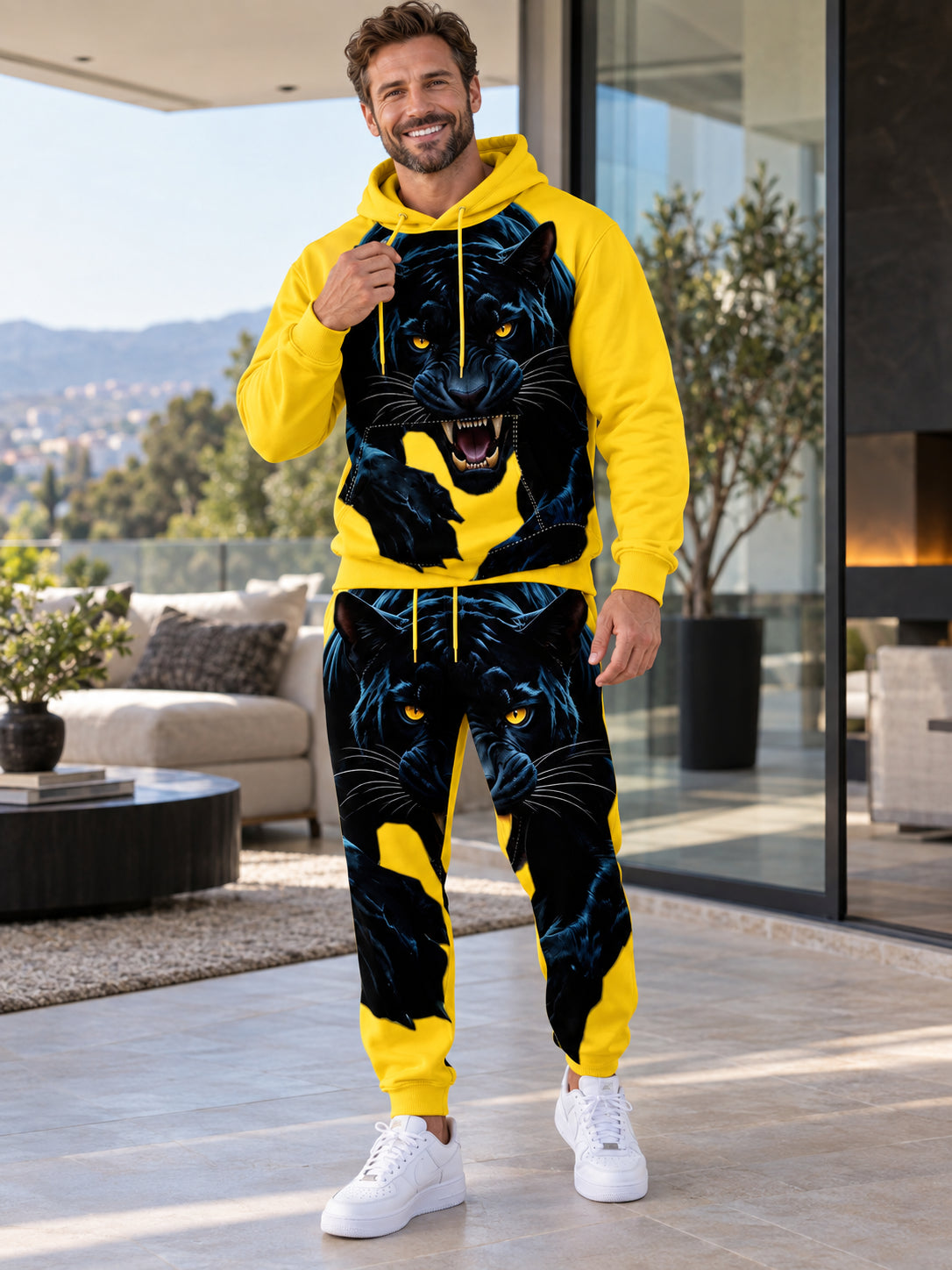 Men’s 3D Panther Print Hooded Tracksuit Set