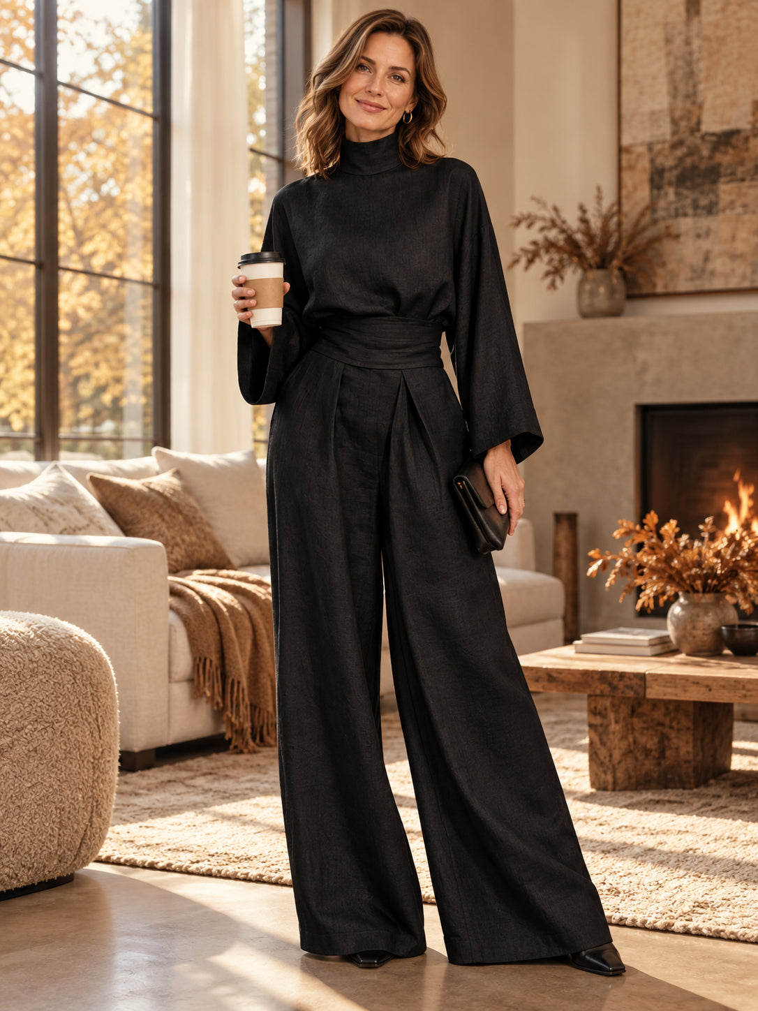 Women’s High-Nec Top & Wide-Leg Pants 2-Piece Set