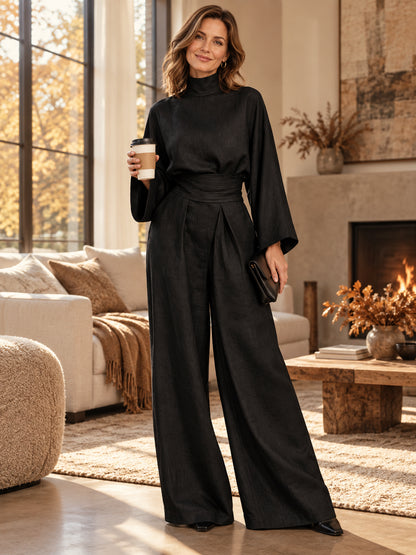 Women’s High-Nec Top & Wide-Leg Pants 2-Piece Set