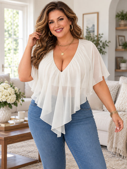 Plus Size French Romantic V-Neck Lace-Up Chiffon Blouse