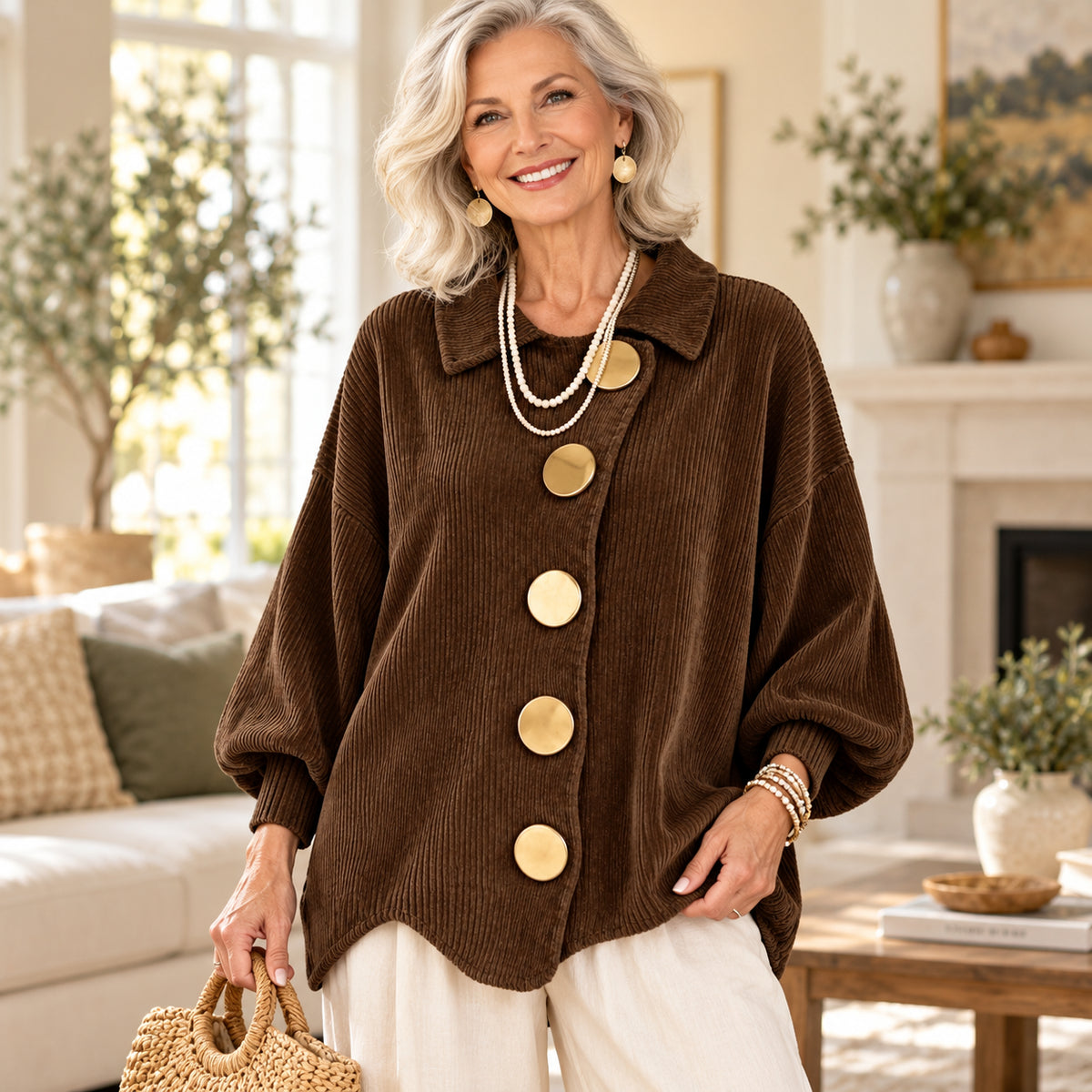 Women's Elegant Ribbed Knit Cardigan with Gold Buttons